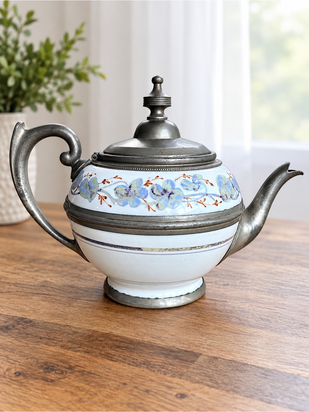 Antique c1880 Manning Bowman Pewter Graniteware Floral Enamelware Teapot